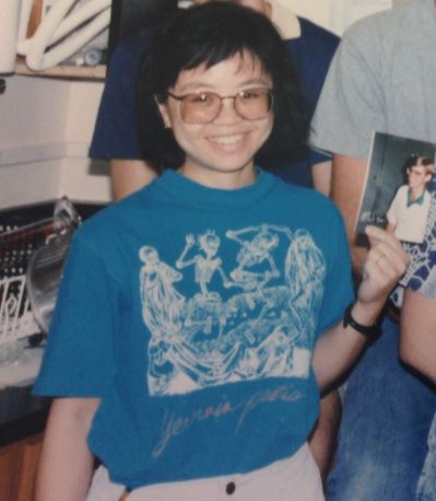 Ironic theme of death on the Young Bat Ladies shirt. She is one sick puppy